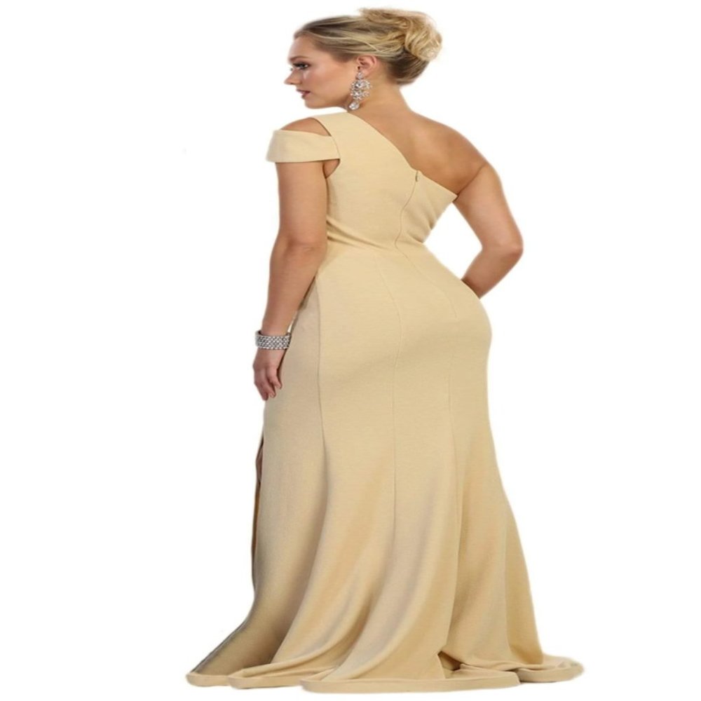 May Queen - MQ1572 Fitted One Shoulder Strap Evening Dress with Slit (CHAMPAGNE)